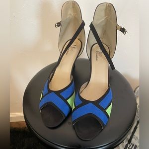 Blue, lime green and black peep-toe heels with ankle strap, size 11